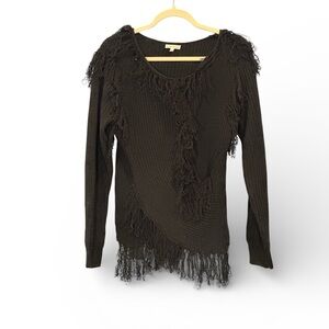 Chic Fringe V-Neck Sweater - Black- Large- Winter Warm